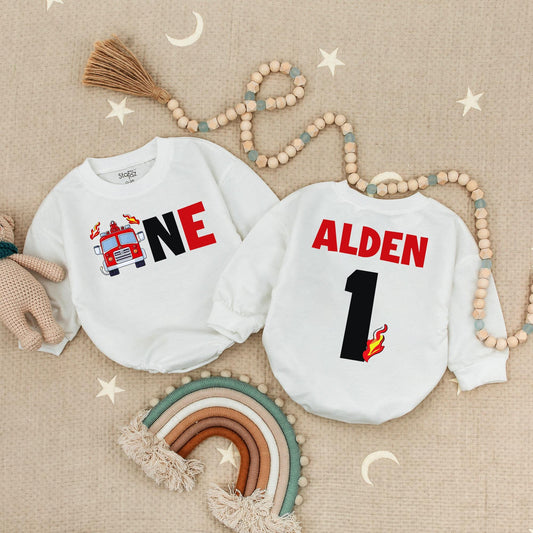 Firetruck Fireman 1st Birthday Baby Romper, Boy's Fire Truck Outfit, Alden's One Firefighter Bodysuit, Red Black Celebration Clothes