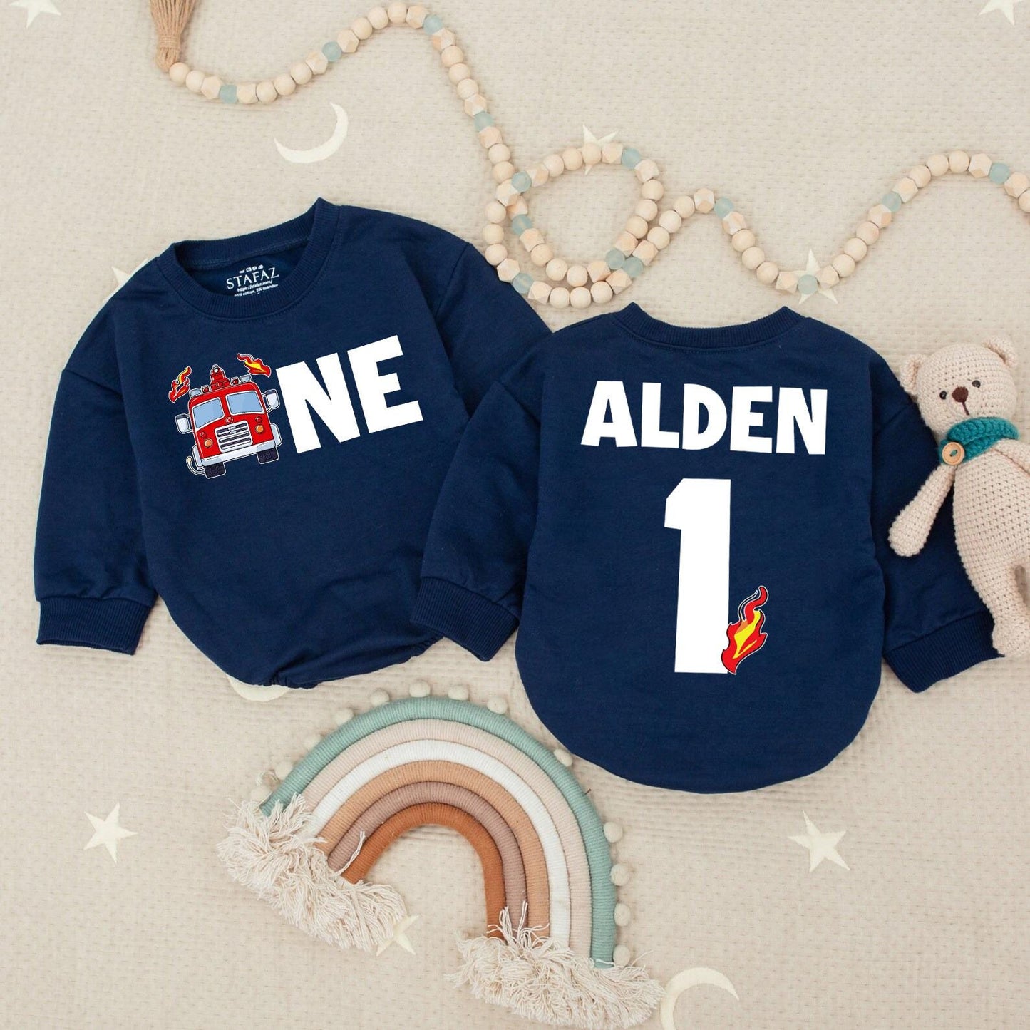 Firetruck Fireman 1st Birthday Baby Romper, Boy's Fire Truck Outfit, Alden's One Firefighter Bodysuit, Red Black Celebration Clothes