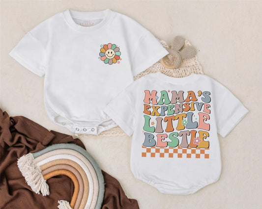 Mama's Bestie Retro Romper Cute Baby Girl Outfit Funny Infant Bodysuit Aesthetic Toddler Clothes Baby Shower Gift