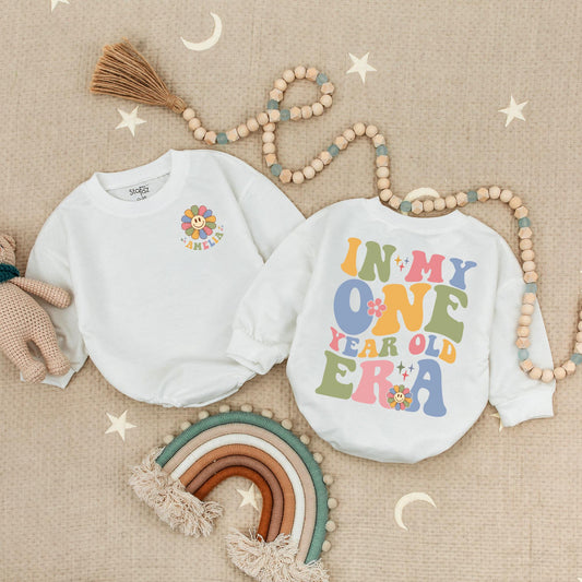 Personalized 'In My One Year Old Era' Romper with Retro Font & Flower Accent, Custom Amelia Romper, First Birthday Outfit, Cheerful Baby Romper