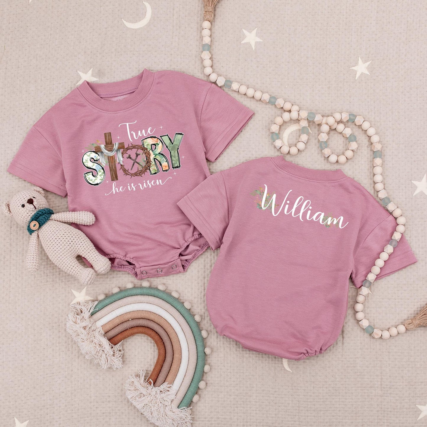 True Story Floral Easter Baby Bodysuit, He is Risen Outfit, Custom Name Romper, Christian Gift, Floral Accent, Baby Boy Girl Clothes 138 chr