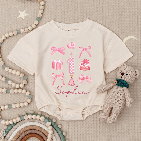Sophia's 1st Birthday Romper: Cute Pink Bows, Balloons, & Cake for Baby Girl! Personalized First Birthday Bodysuit