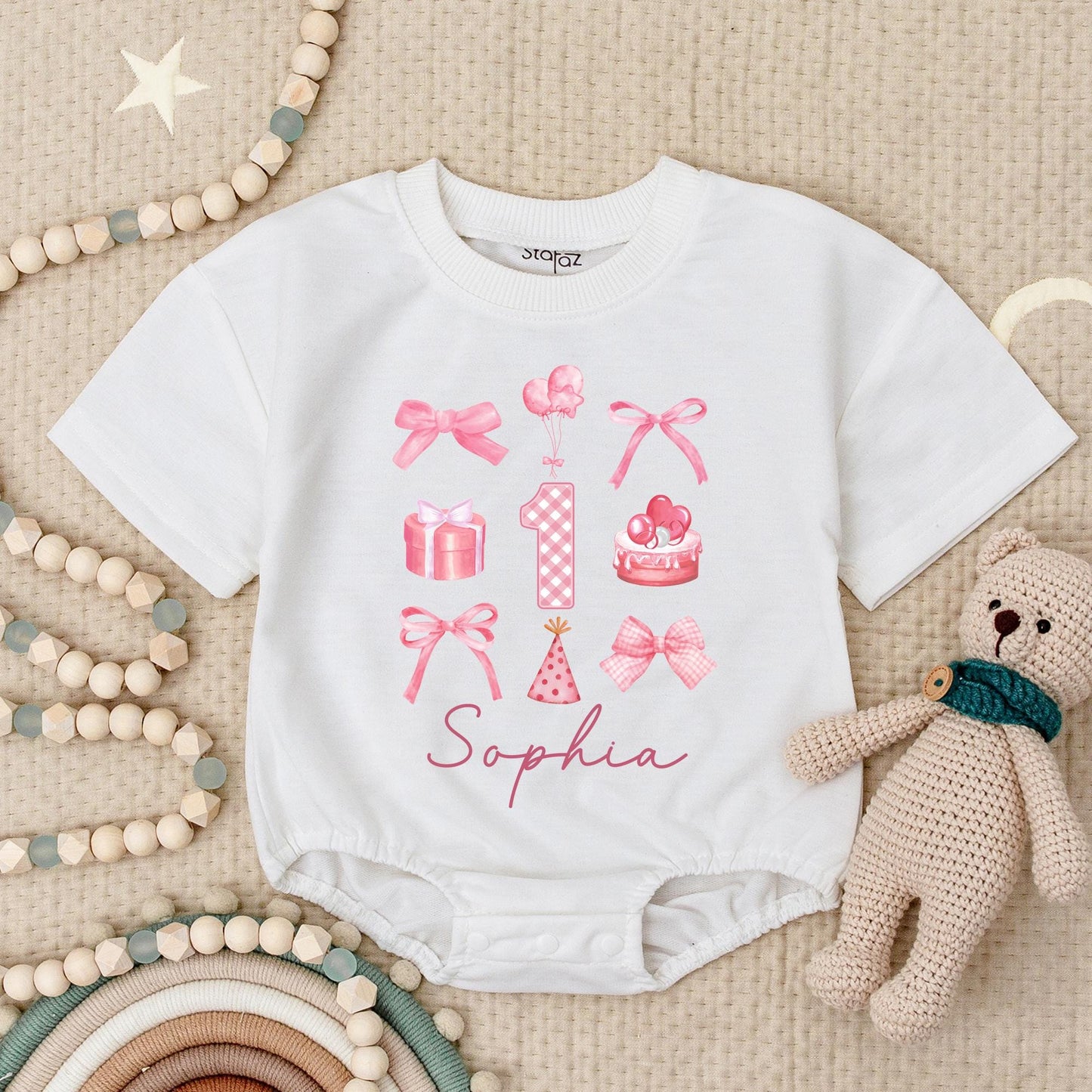 Sophia's 1st Birthday Romper: Cute Pink Bows, Balloons, & Cake for Baby Girl! Personalized First Birthday Bodysuit