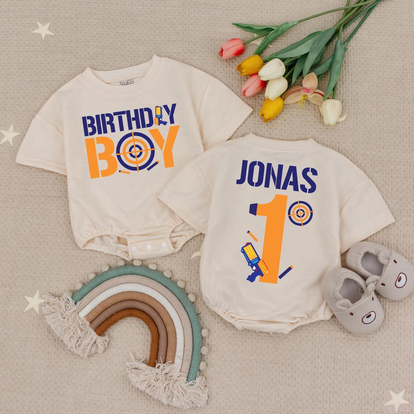Birthday Boy Target Dart Gun Romper Set: Jonas 1st Birthday Outfit with Toy Gun & Blue Target. Baby Boy Shooting Party