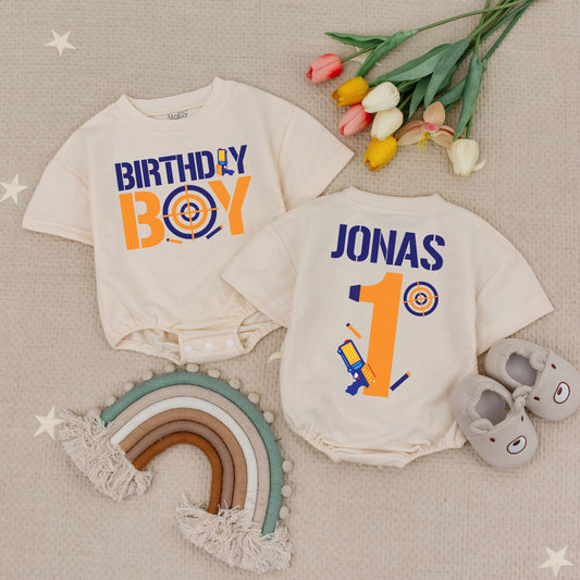 Birthday Boy Target Dart Gun Romper Set: Jonas 1st Birthday Outfit with Toy Gun & Blue Target. Baby Boy Shooting Party