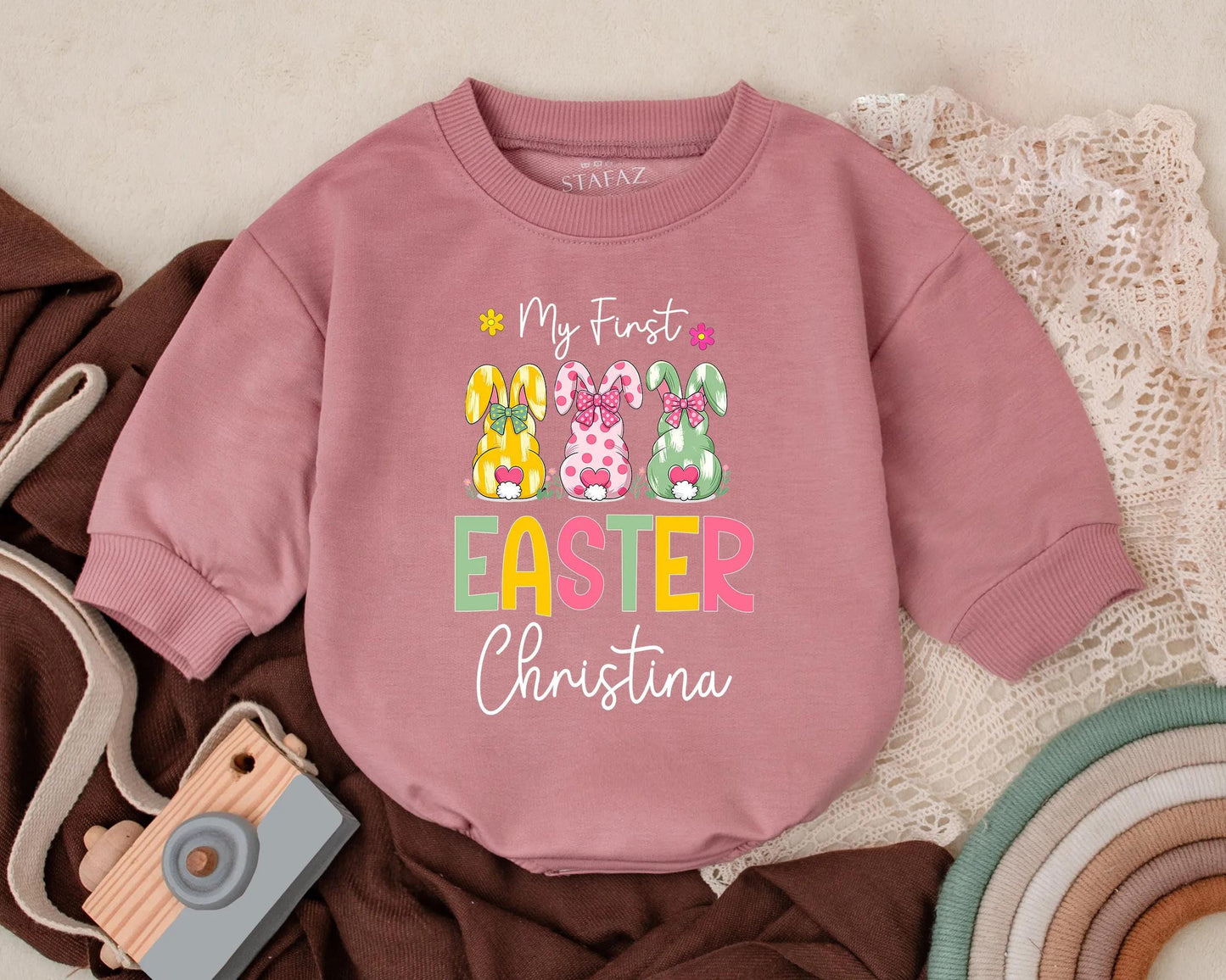 My First Easter Bubble Romper Personalized Name Easter Boy Girl Outfit Cute Bunny Bodysuit Baby Shower Gift