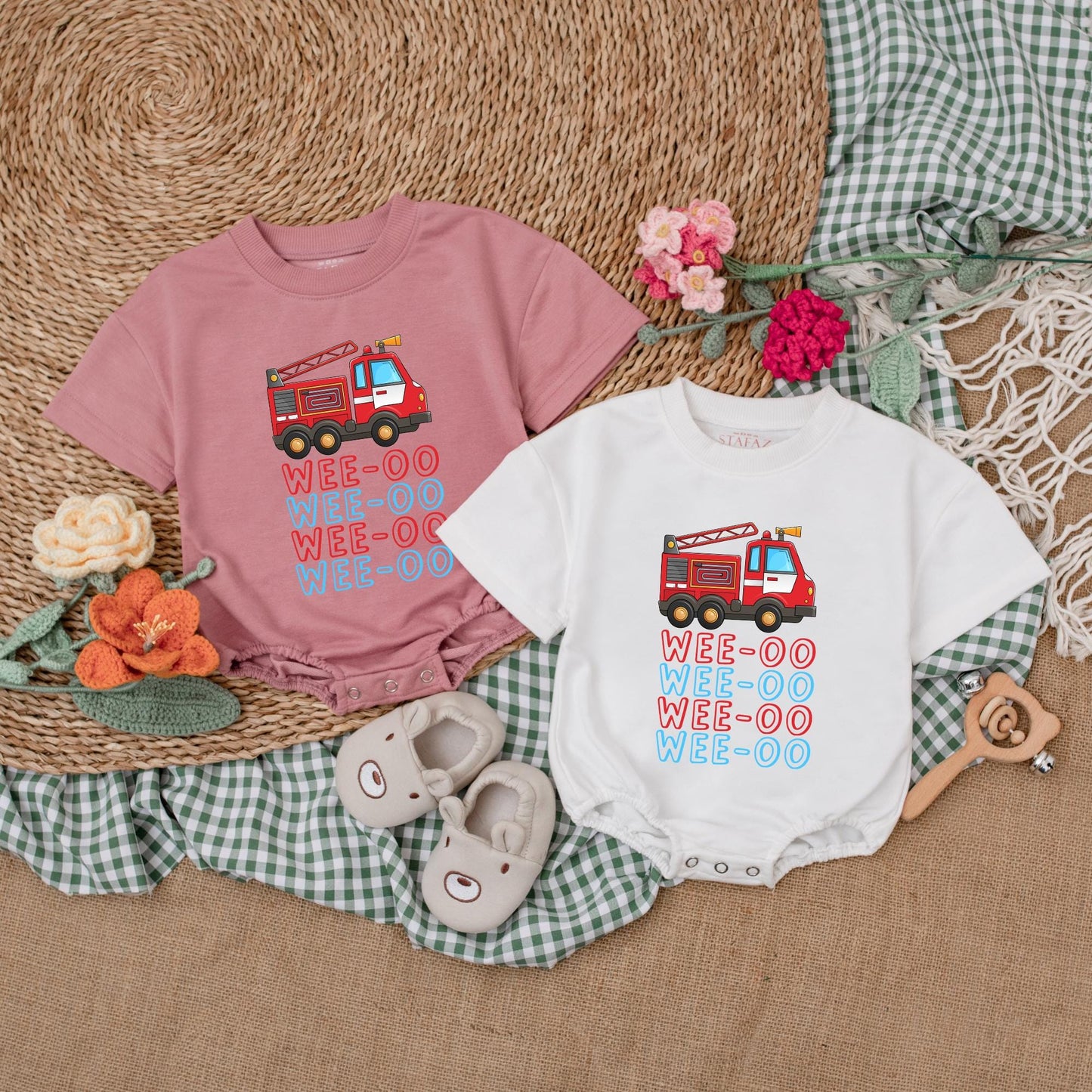 Wee-oo Firetruck Baby Romper Cute Firefighter Bodysuit for Baby Boys Adorable Short Sleeve Newborn Outfit for Any Occasion