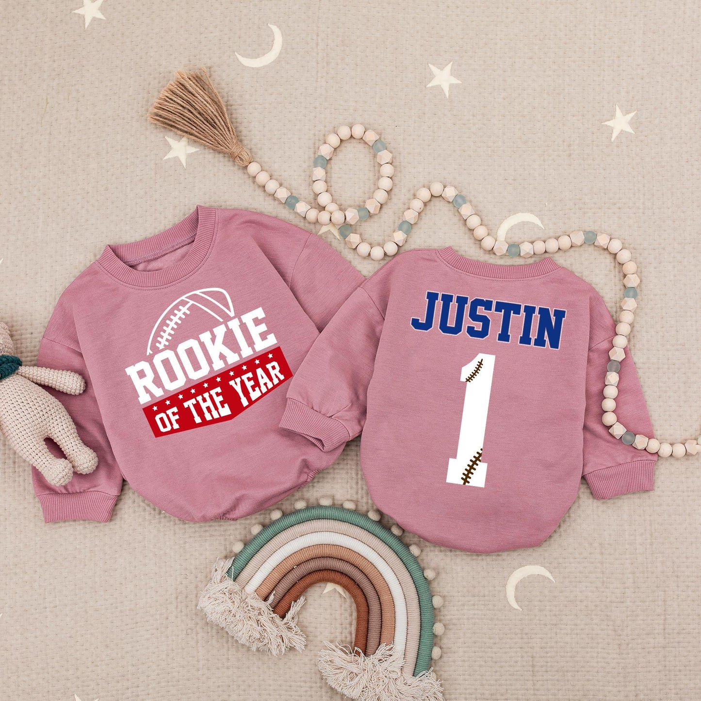 Rookie of the Year Football Baby Romper for First Birthday Celebrations Bold Blue Red Stars Playful Sports Theme Outfit