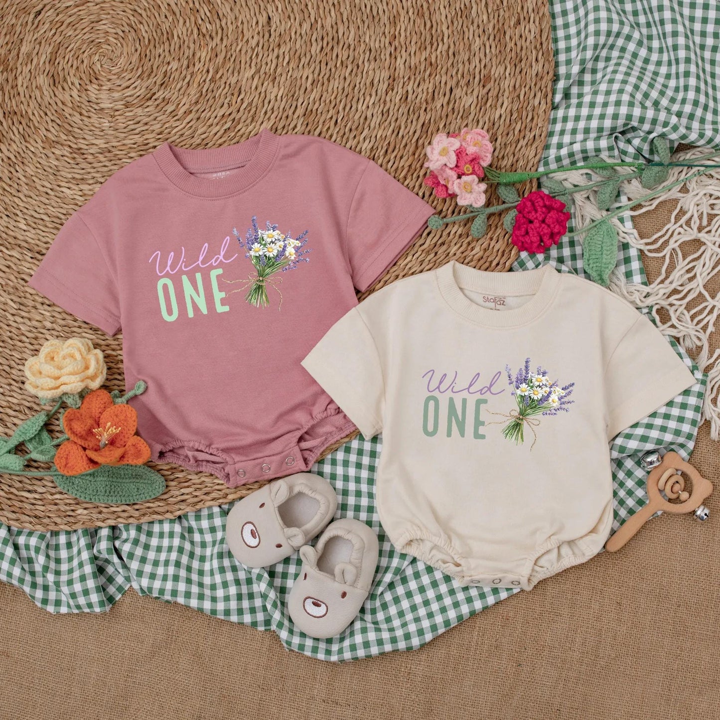 Wild One Wildflower Baby Romper Vintage Floral Bodysuit Boho First Birthday Outfit Girl's Cake Smash Clothes Little Wildflower Gift One Year Old