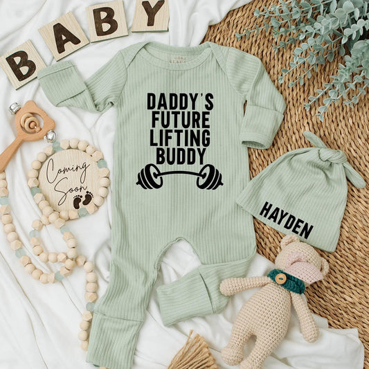 Daddy's Future Lifting Buddy Newborn Bodysuit & Hat Set Baby Boy or Girl Gift Custom Coming Home Outfit