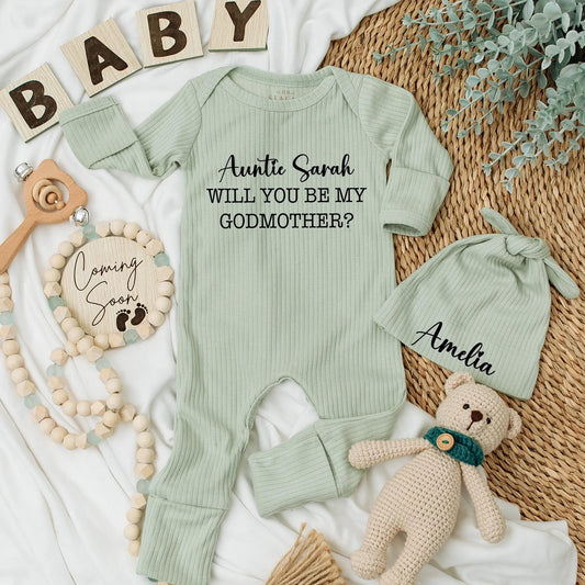Godmother Proposal Baby Gift Set: Custom Bodysuit & Hat - Personalized Name, "Will You Be My Godmother?" Outfit, Newborn Reveal Idea Cute Auntie Present (140 chars)