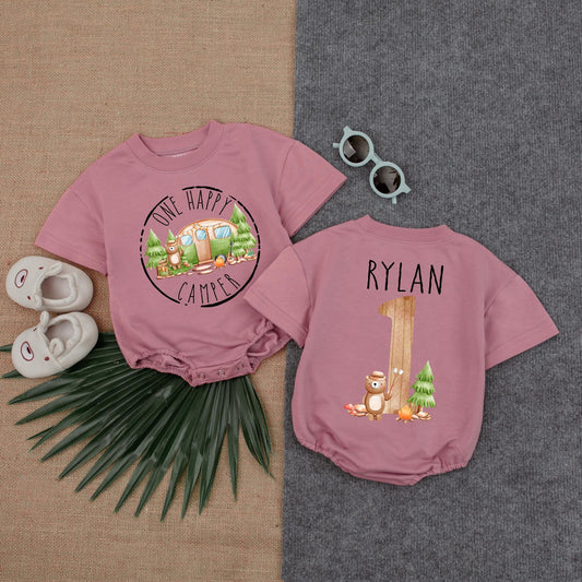 One Happy Camper Personalized Baby Romper Custom Name Bubble Outfit for Camping First Birthday Party Girl
