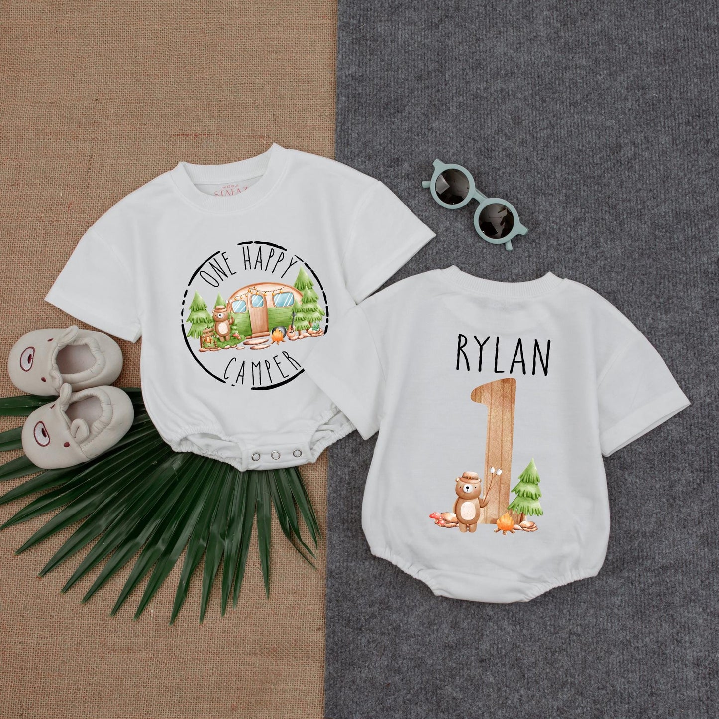 One Happy Camper Personalized Baby Romper Custom Name Bubble Outfit for Camping First Birthday Party Girl