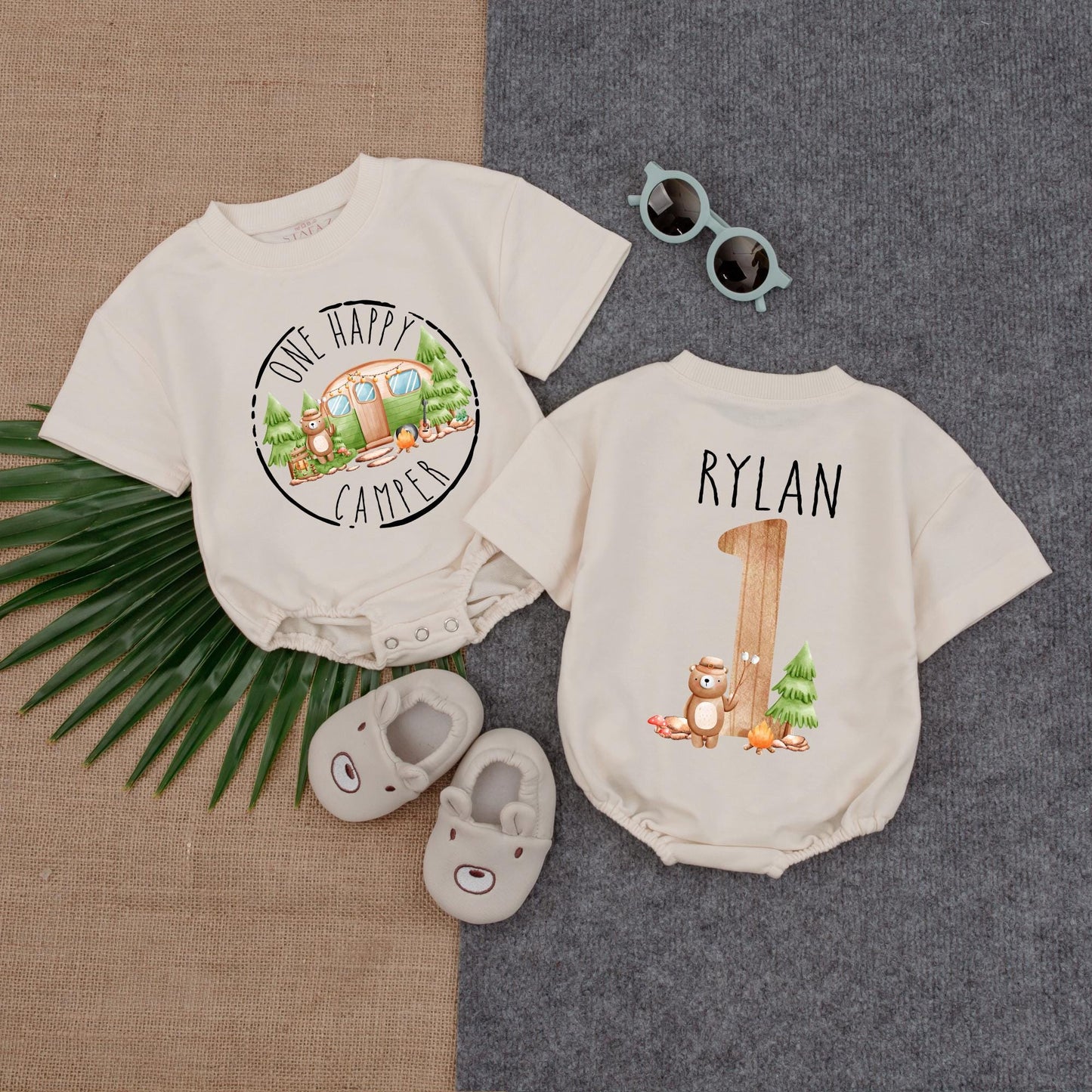 One Happy Camper Personalized Baby Romper Custom Name Bubble Outfit for Camping First Birthday Party Girl