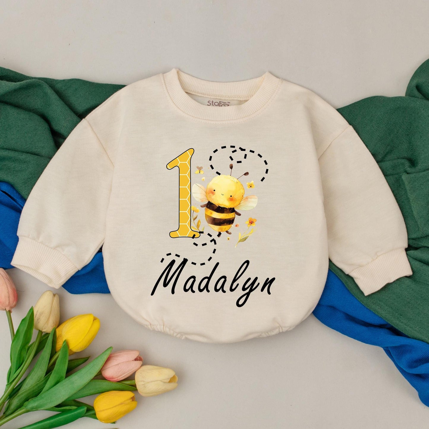Bee-utiful 1st Birthday Girl Romper, Honey Bee Party Outfit, Personalized Name Bodysuit, Baby Bee Day Gift