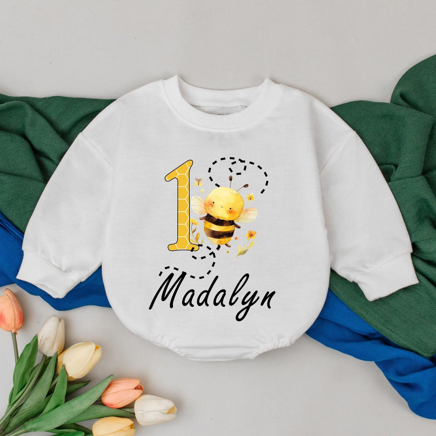Bee-utiful 1st Birthday Girl Romper, Honey Bee Party Outfit, Personalized Name Bodysuit, Baby Bee Day Gift