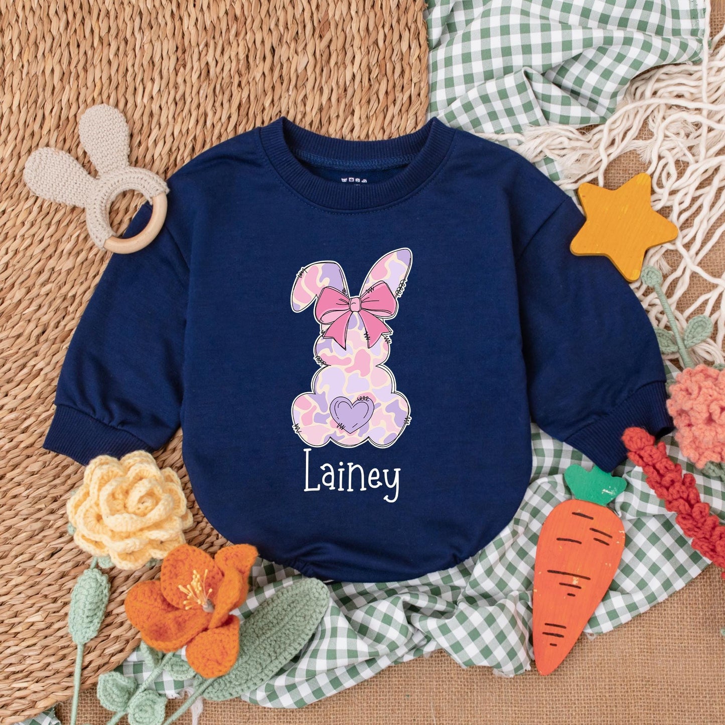 Pink Camo Personalized Easter Romper with Bow Baby Girl Bubble Romper Adorable First Easter Day Outfit Shower Gift