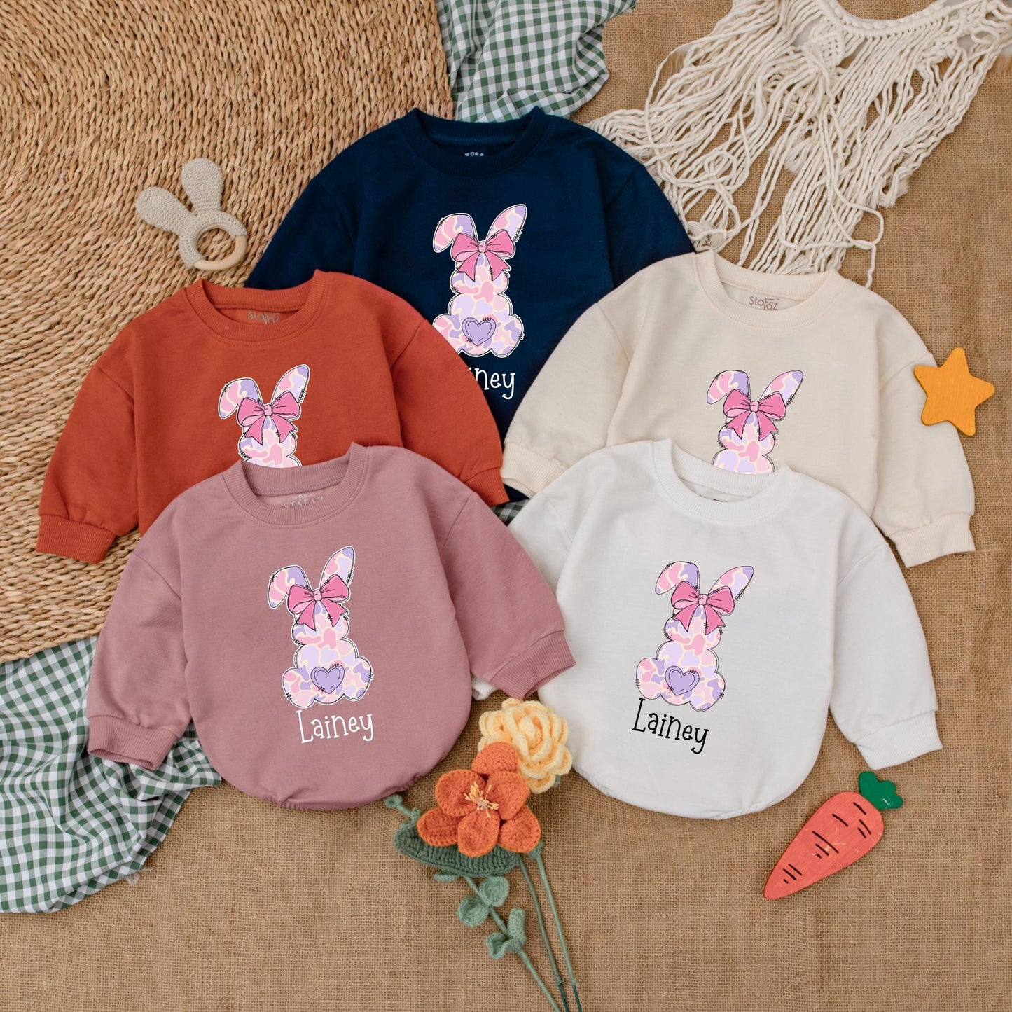 Pink Camo Personalized Easter Romper with Bow Baby Girl Bubble Romper Adorable First Easter Day Outfit Shower Gift