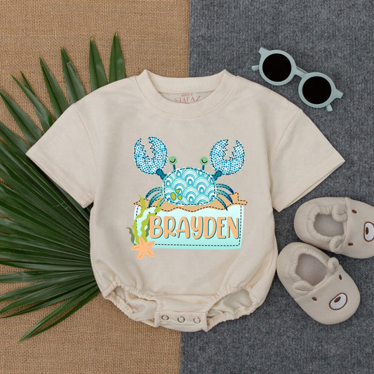 Custom Mosaic Crab Bubble Romper Personalized Coastal Baby Outfit Beach Theme Toddler Clothes Summer Bodysuit