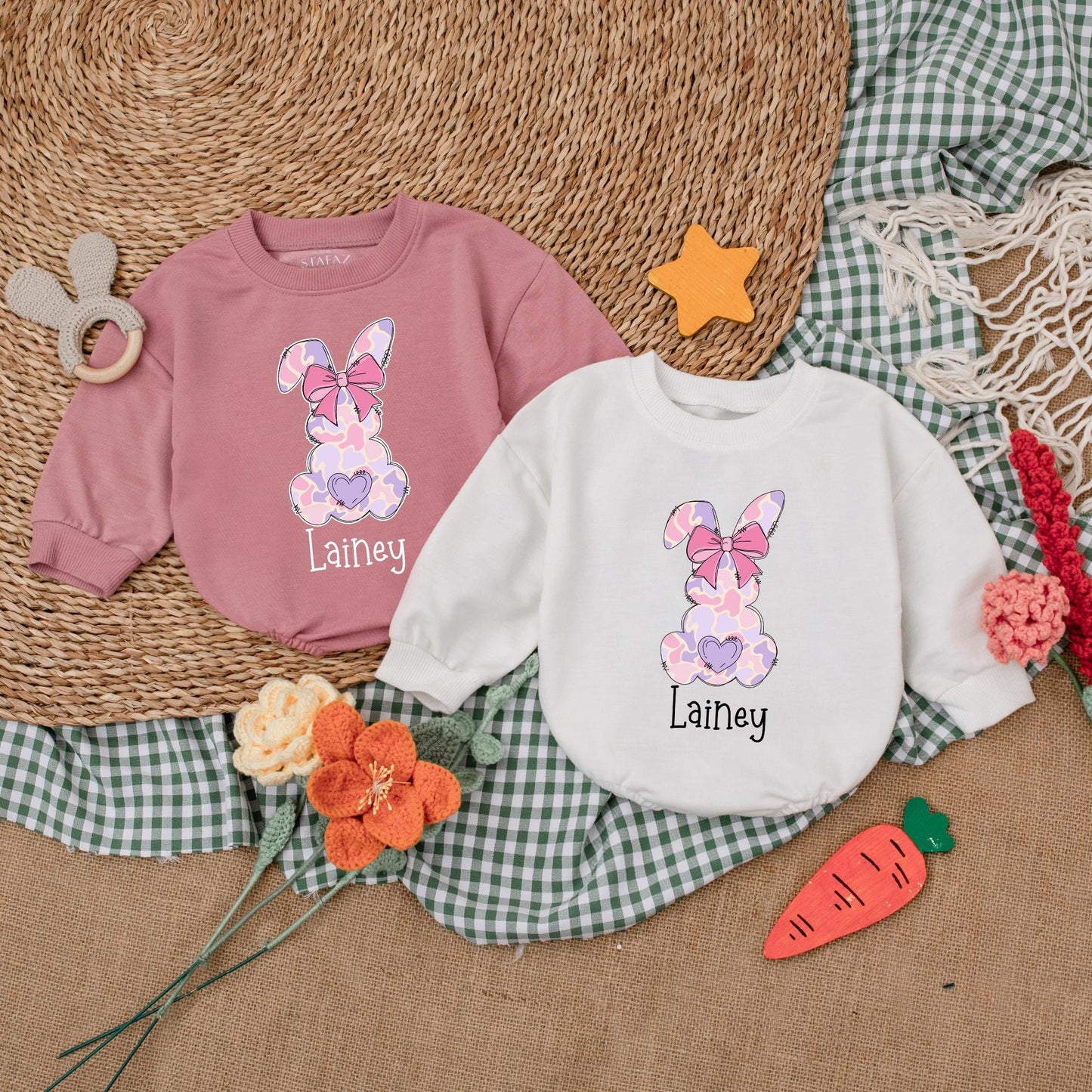 Pink Camo Personalized Easter Romper with Bow Baby Girl Bubble Romper Adorable First Easter Day Outfit Shower Gift