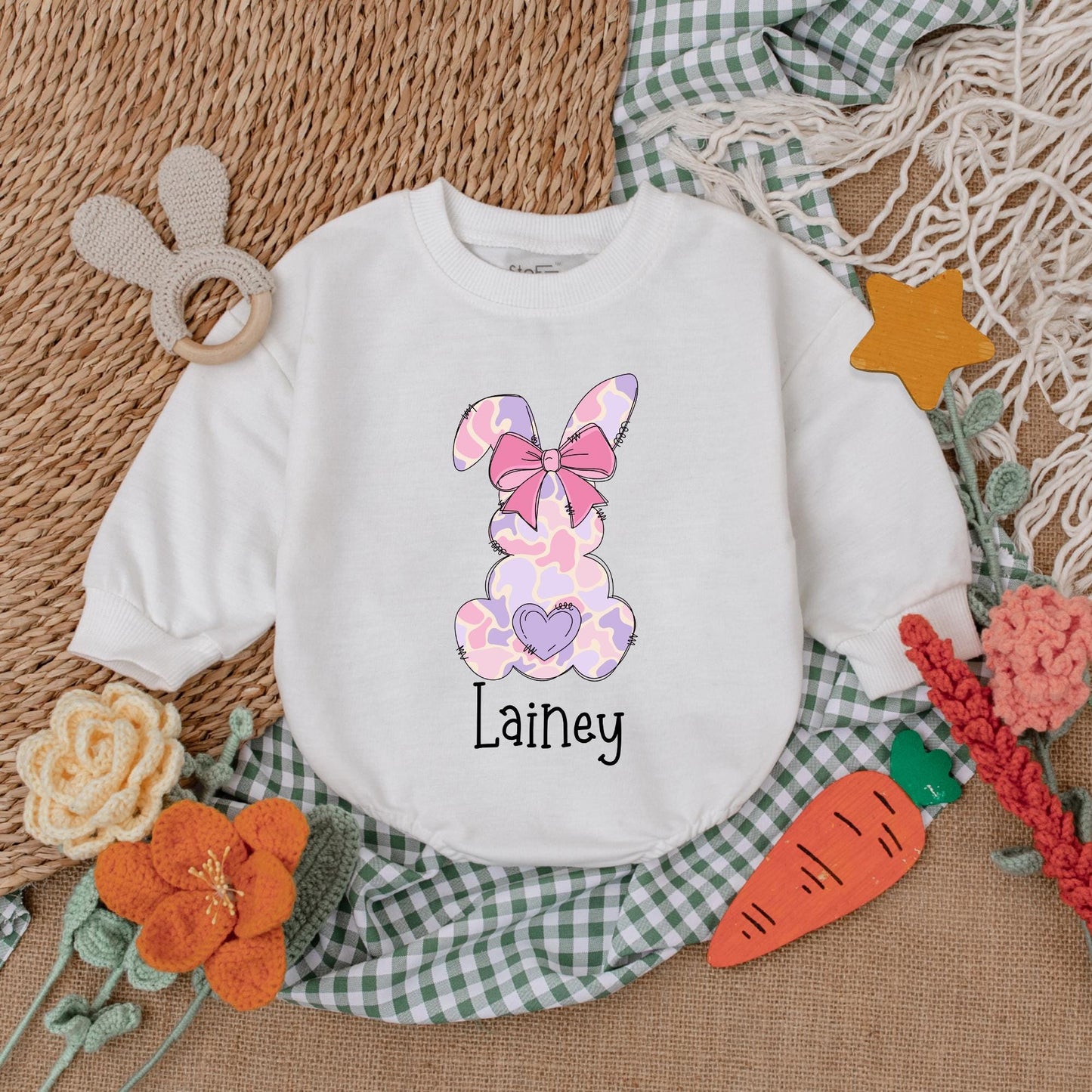 Pink Camo Personalized Easter Romper with Bow Baby Girl Bubble Romper Adorable First Easter Day Outfit Shower Gift