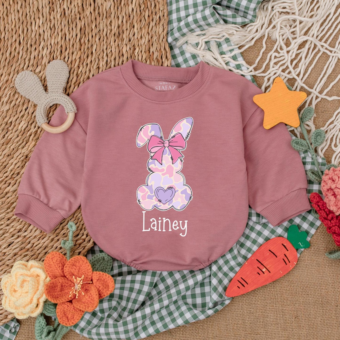 Pink Camo Personalized Easter Romper with Bow Baby Girl Bubble Romper Adorable First Easter Day Outfit Shower Gift