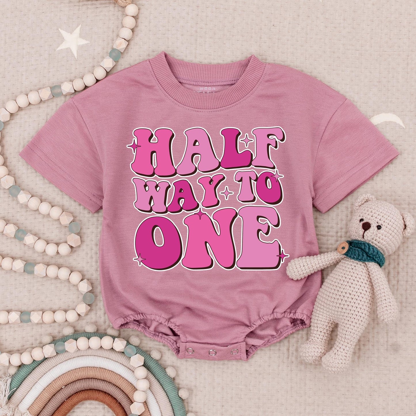 Half Way to One Birthday Girl Romper, Bubble Font Pink Star Design, Half Birthday Outfit, Baby Girl Bodysuit, First Birthday Gift