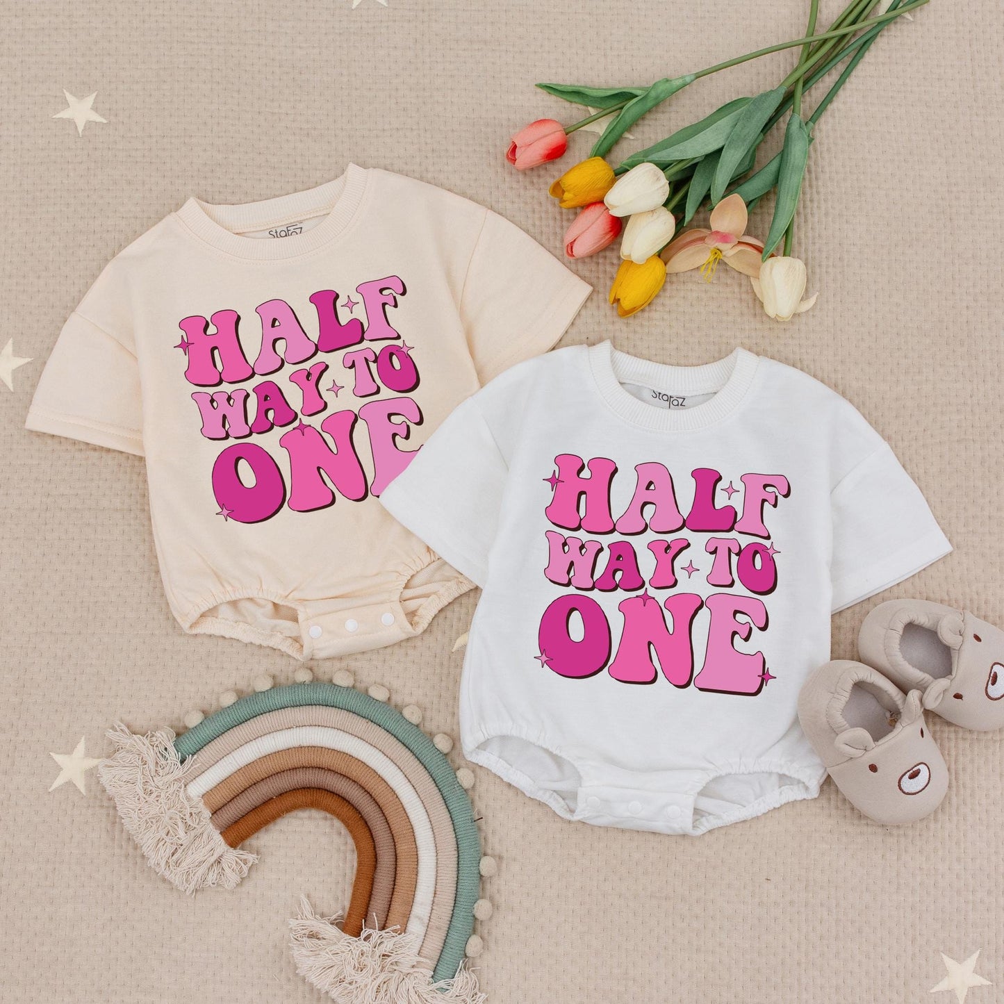 Half Way to One Birthday Girl Romper, Bubble Font Pink Star Design, Half Birthday Outfit, Baby Girl Bodysuit, First Birthday Gift