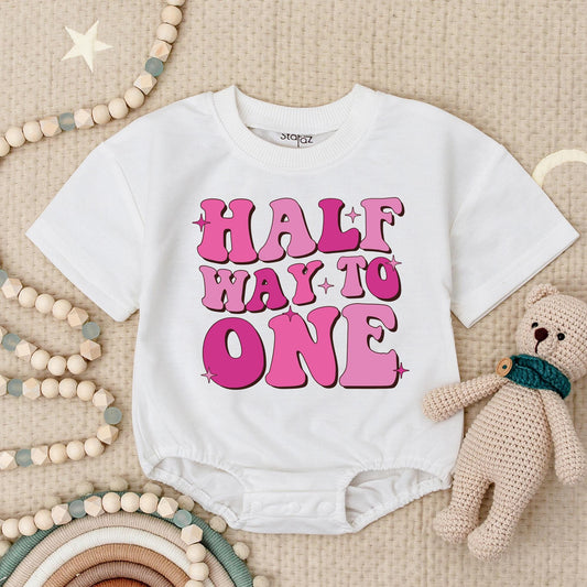 Half Way to One Birthday Girl Romper, Bubble Font Pink Star Design, Half Birthday Outfit, Baby Girl Bodysuit, First Birthday Gift