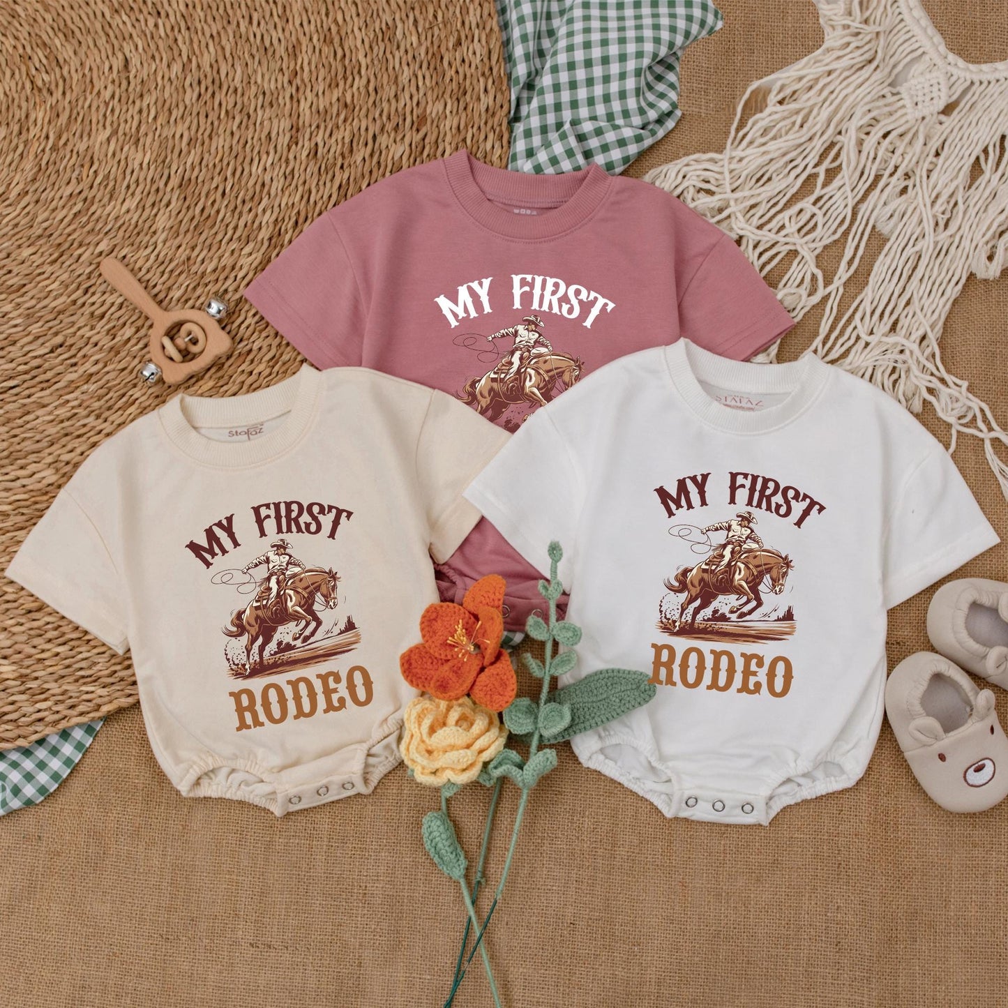 Personalized My First Rodeo Romper Cute Cowboy Baby Outfit Short Sleeve Bubble Onesie 1st Birthday Outfit Shower Gift