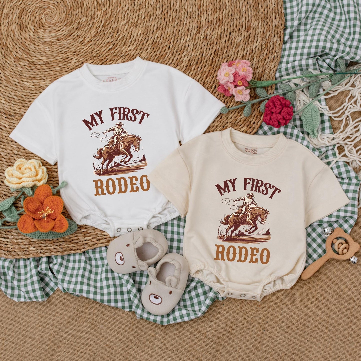 Personalized My First Rodeo Romper Cute Cowboy Baby Outfit Short Sleeve Bubble Onesie 1st Birthday Outfit Shower Gift