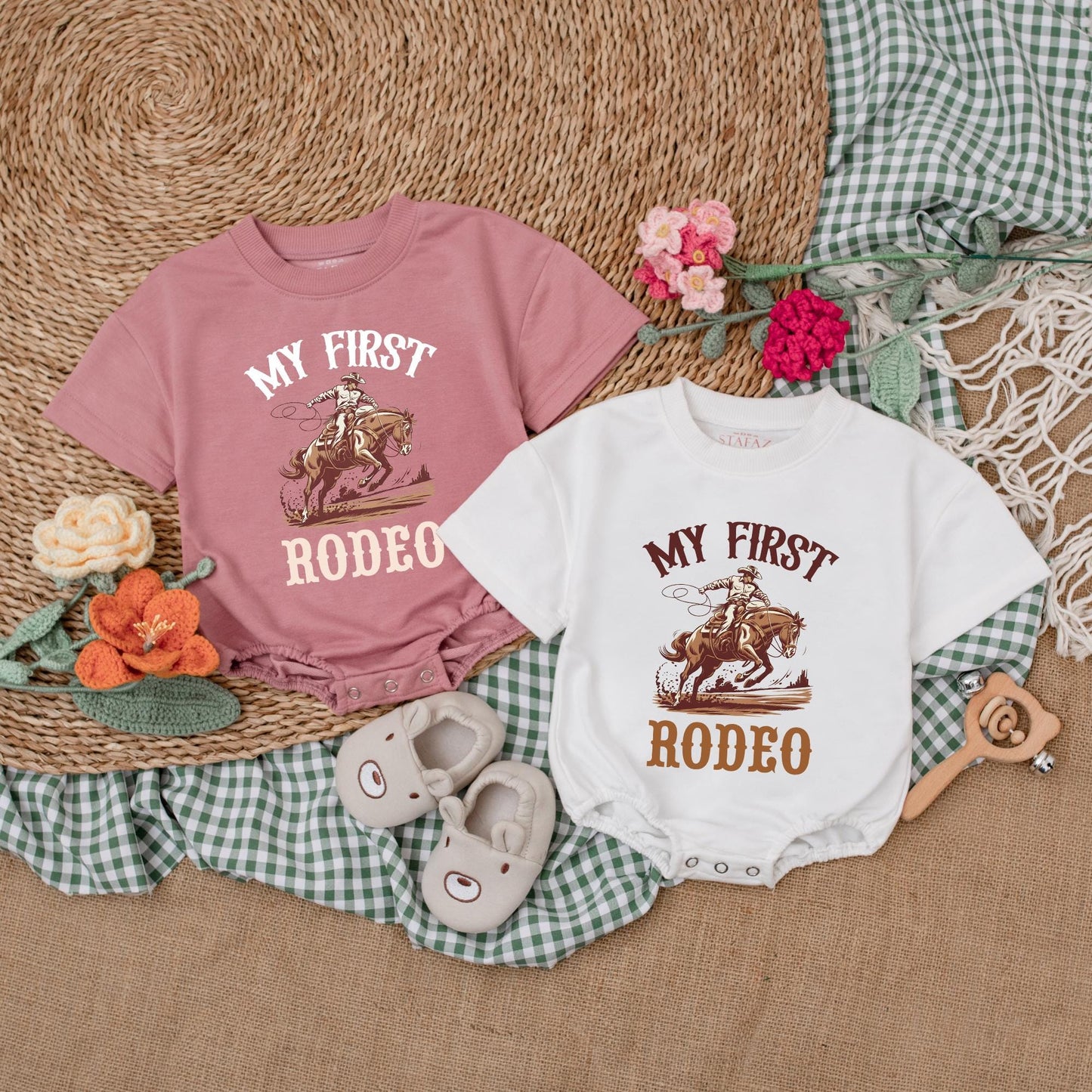 Personalized My First Rodeo Romper Cute Cowboy Baby Outfit Short Sleeve Bubble Onesie 1st Birthday Outfit Shower Gift