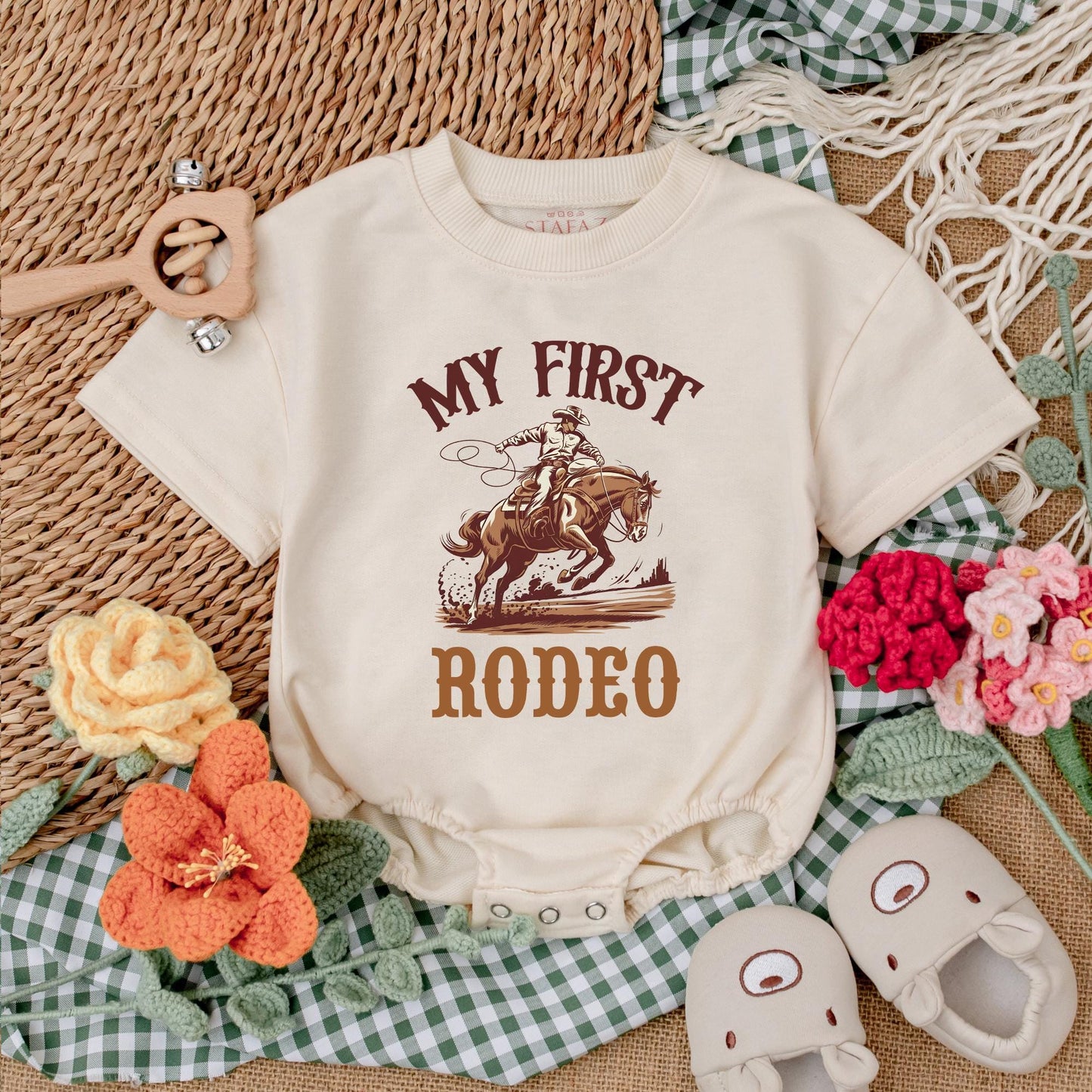 Personalized My First Rodeo Romper Cute Cowboy Baby Outfit Short Sleeve Bubble Onesie 1st Birthday Outfit Shower Gift