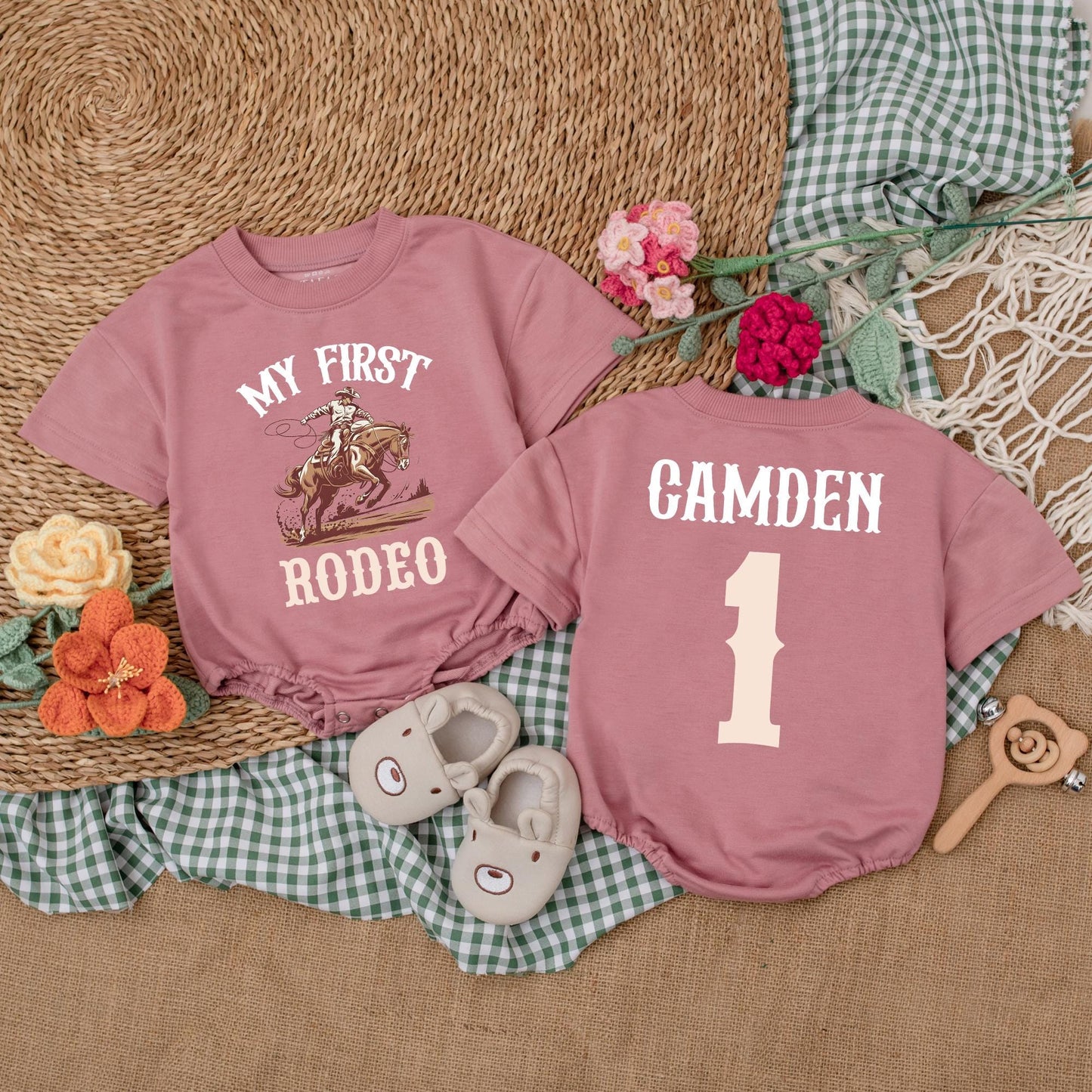 Personalized My First Rodeo Romper Cute Cowboy Baby Outfit Short Sleeve Bubble Onesie 1st Birthday Outfit Shower Gift