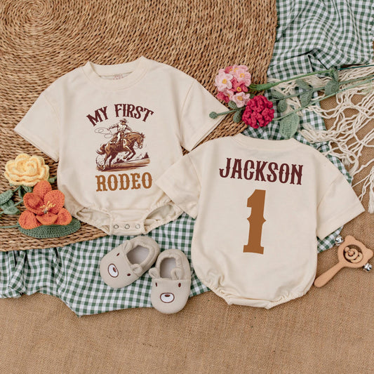 Personalized My First Rodeo Romper Cute Cowboy Baby Outfit Short Sleeve Bubble Onesie 1st Birthday Outfit Shower Gift