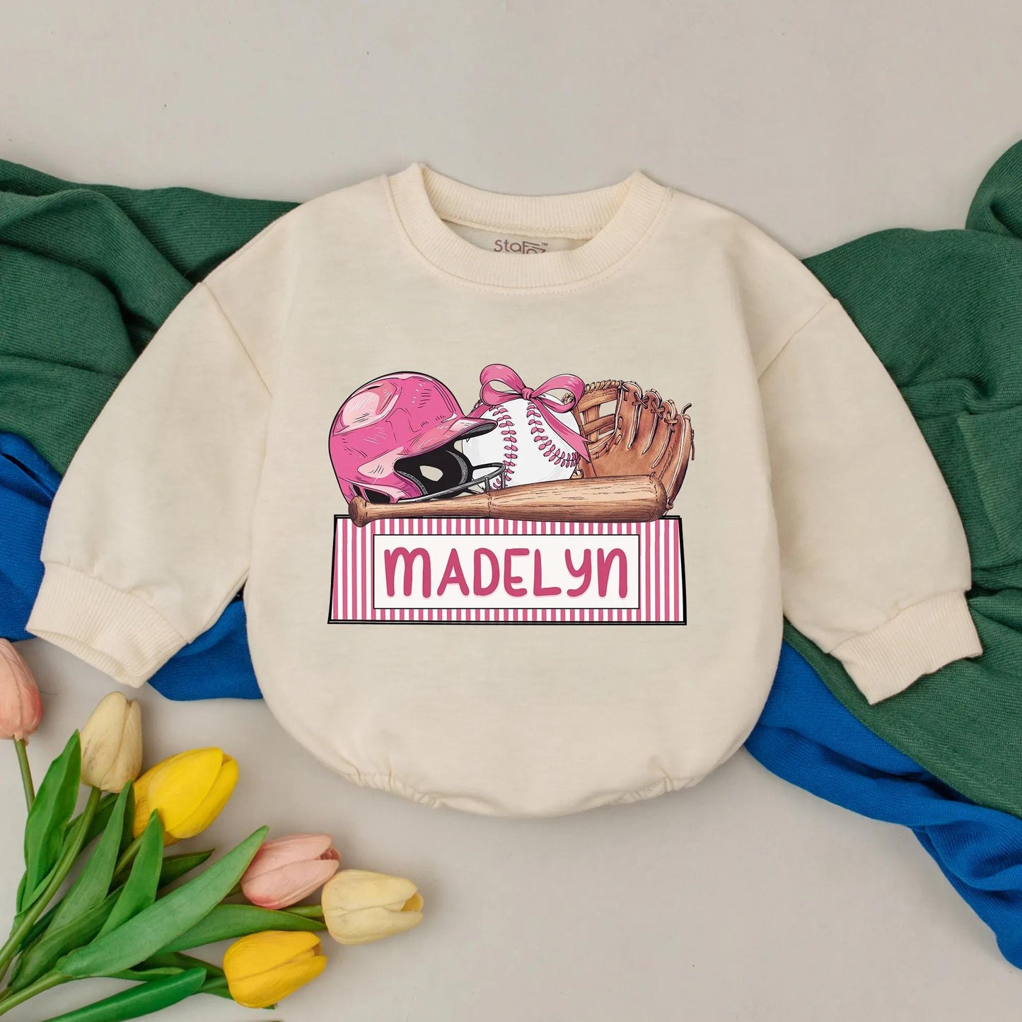 Personalized Name Baseball Girl Romper Gameday Baby Outfit, Retro Baseball Day, Custom Name Newborn Gift, Bubble Romper 1st Birthday