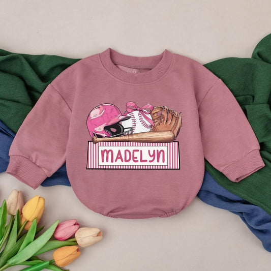Personalized Name Baseball Girl Romper Gameday Baby Outfit, Retro Baseball Day, Custom Name Newborn Gift, Bubble Romper 1st Birthday