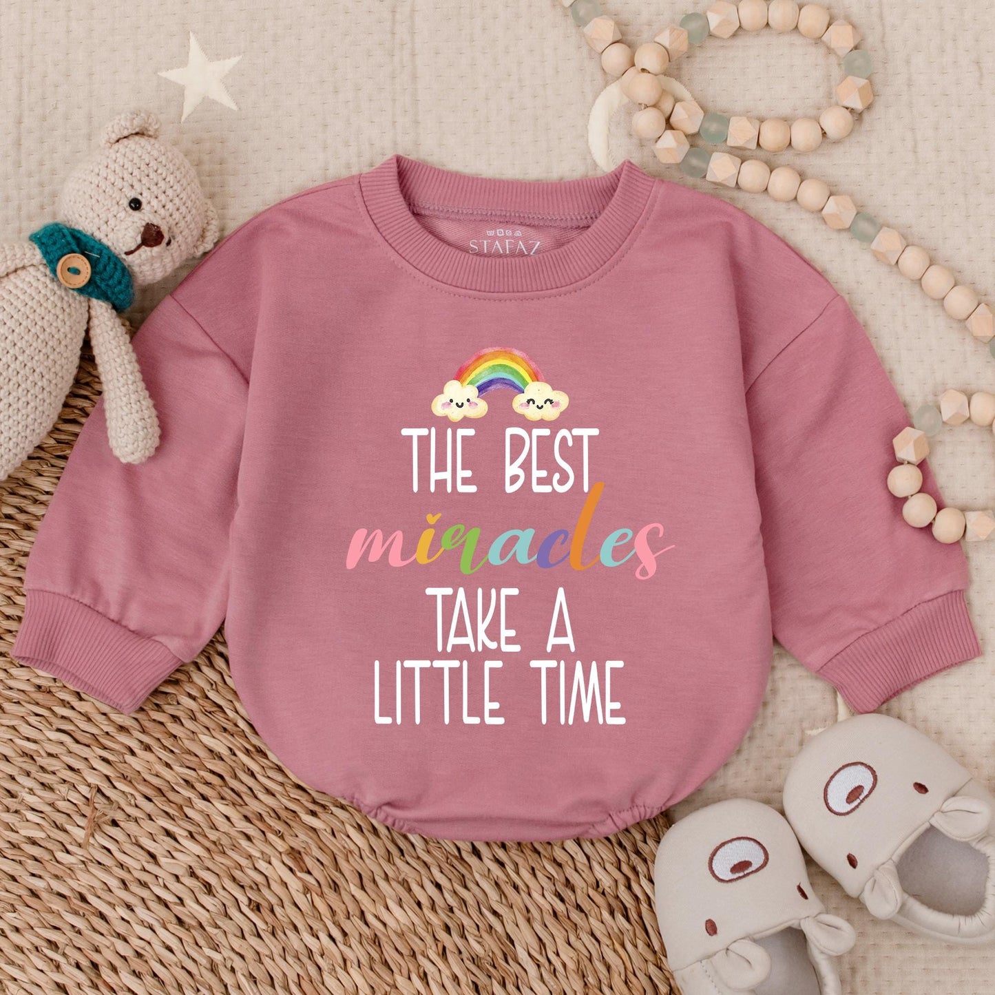 The Best Miracles Take Time Rainbow Baby Bubble Romper Newborn Gift Mother's Day Shower Gift Cute Baby Clothes First Mother's Day