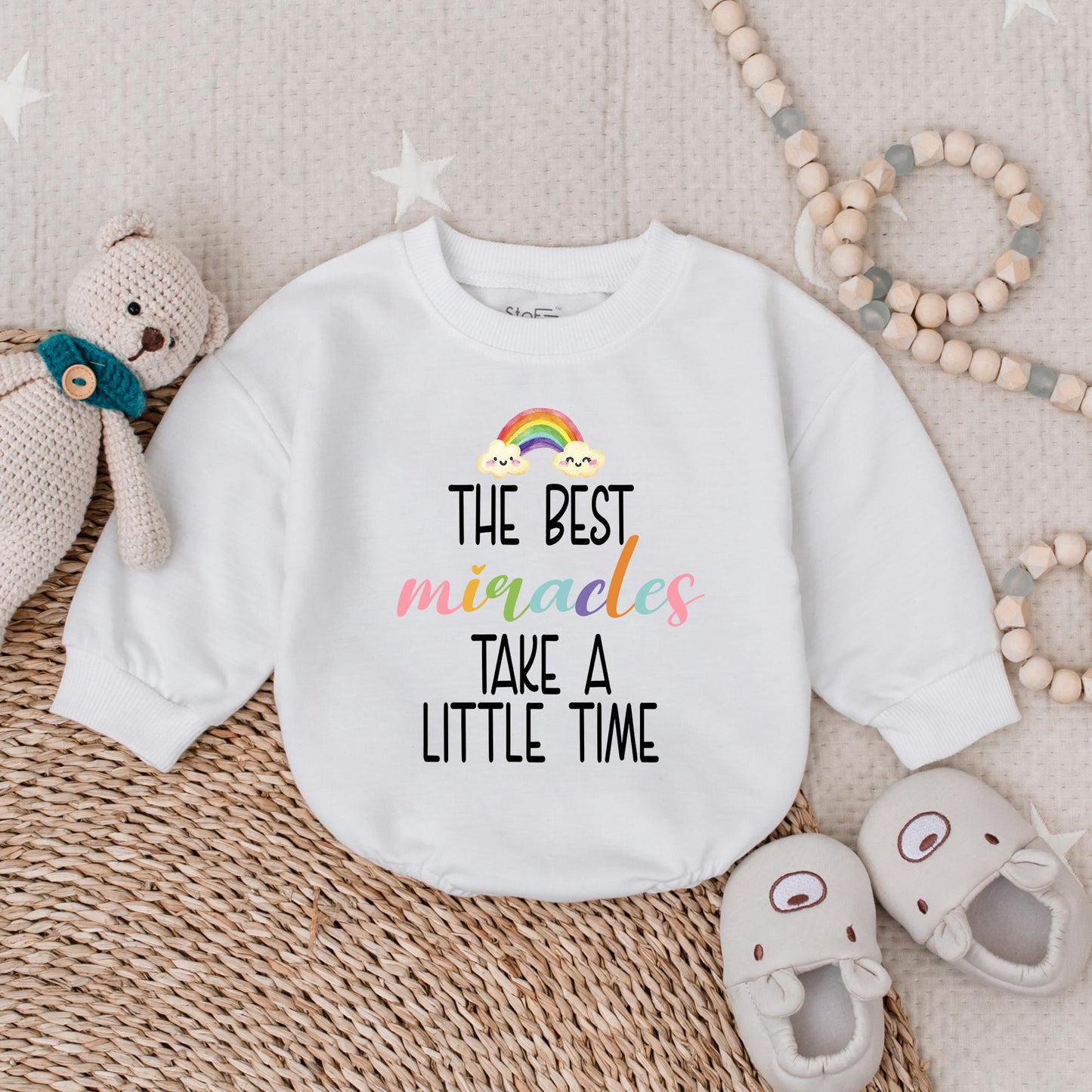 The Best Miracles Take Time Rainbow Baby Bubble Romper Newborn Gift Mother's Day Shower Gift Cute Baby Clothes First Mother's Day