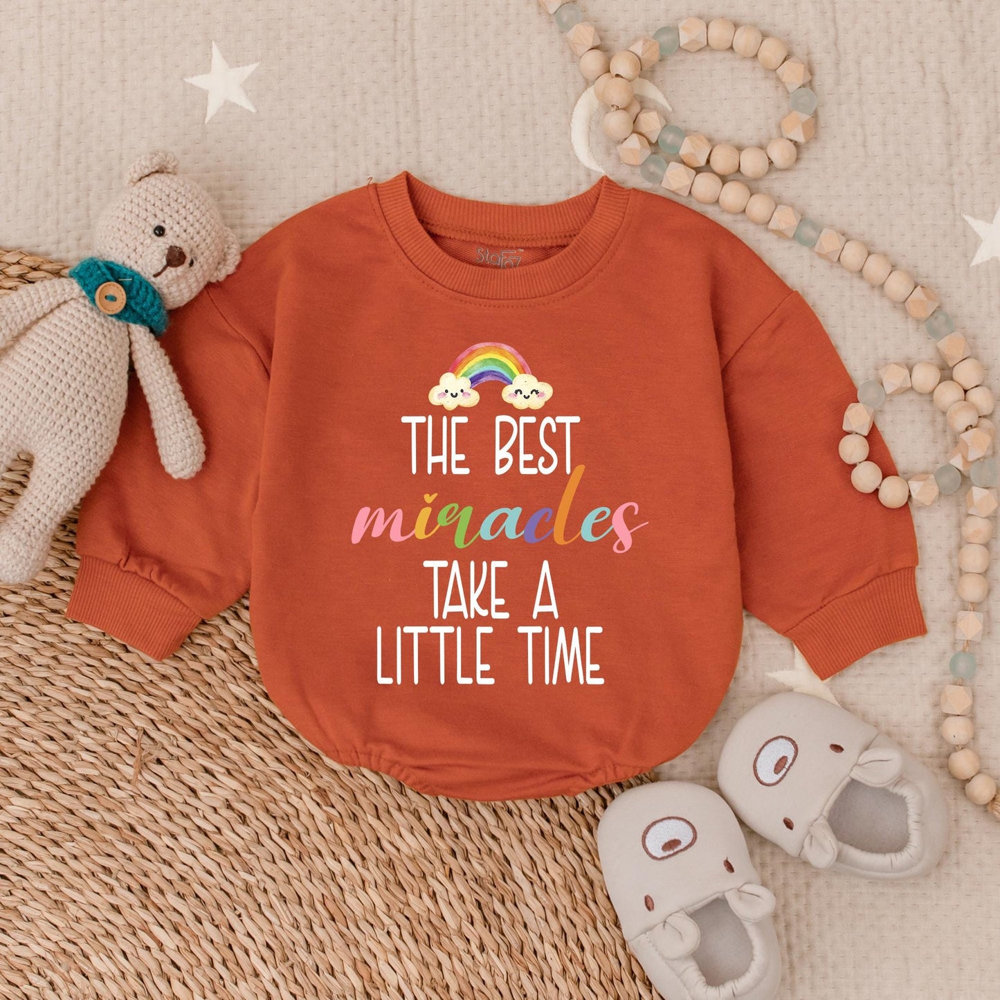 The Best Miracles Take Time Rainbow Baby Bubble Romper Newborn Gift Mother's Day Shower Gift Cute Baby Clothes First Mother's Day