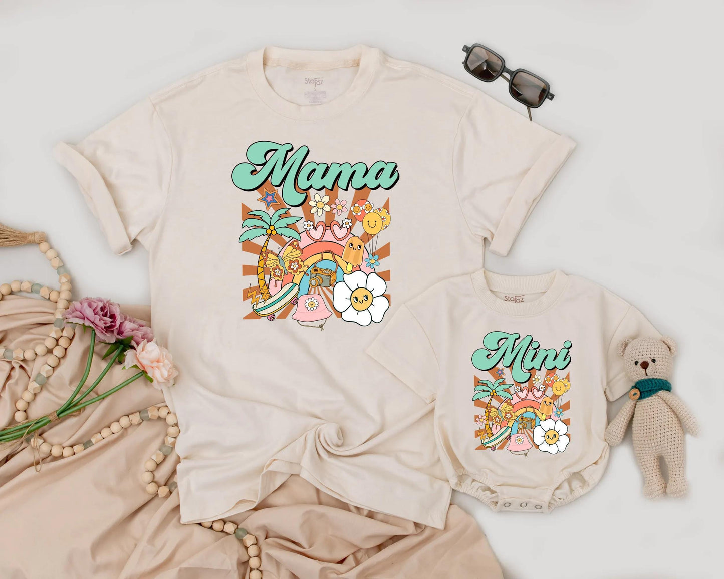 Mama and Mini Matching Shirts Mother Daughter Retro Groovy Beach Tropical Summer Family Tee Outfit Pastel Aesthetic Mother's Day Gift