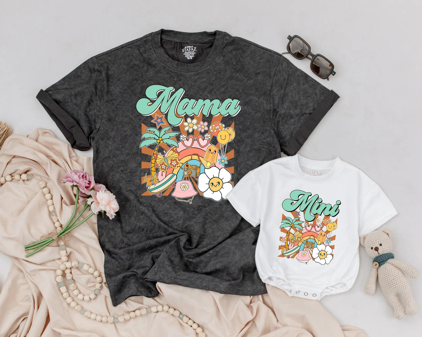 Mama and Mini Matching Shirts Mother Daughter Retro Groovy Beach Tropical Summer Family Tee Outfit Pastel Aesthetic Mother's Day Gift