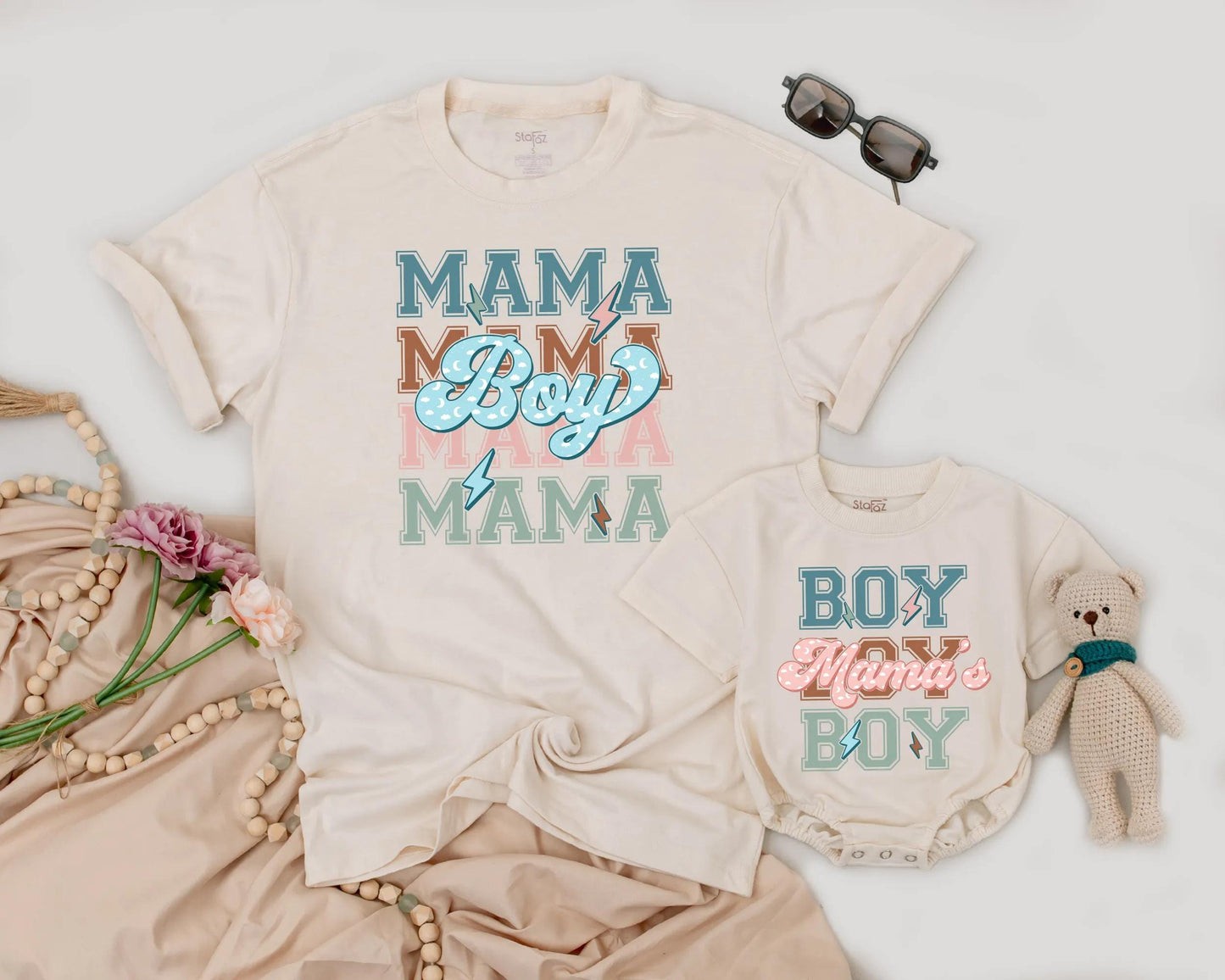 Matching Retro Mama Boy & Mama's Boy Shirts - Soft Teal Peach Lightning Bolt Design - Mommy and Me Outfit for Mother's Day & Baby Shower Gifts