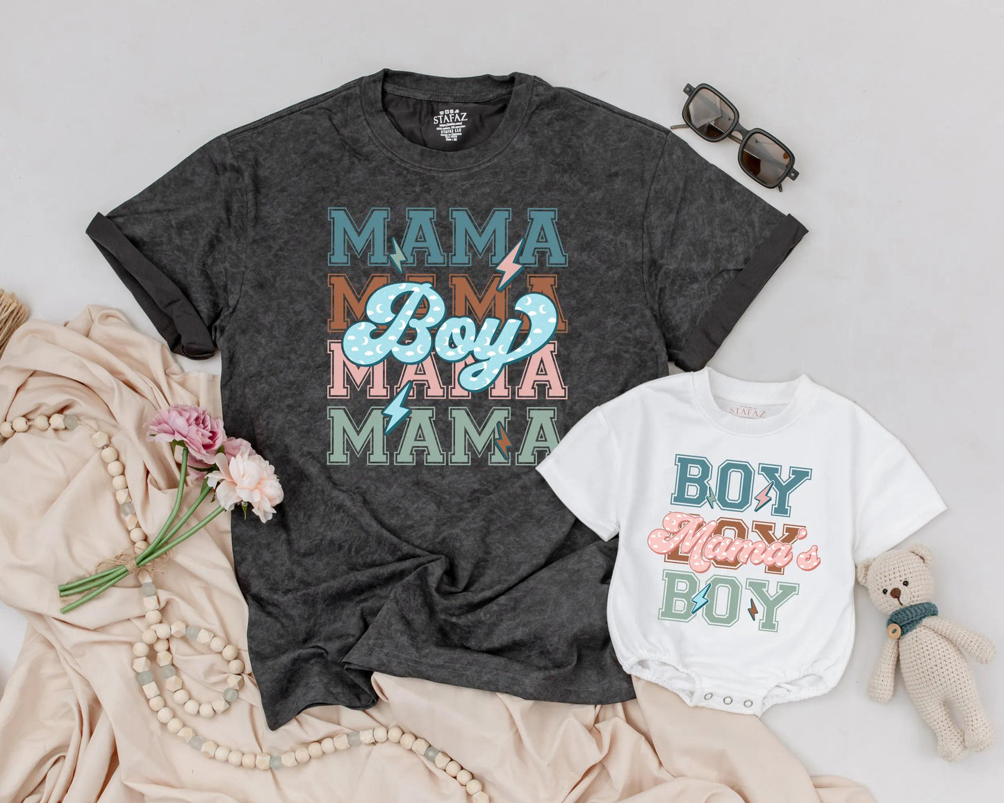 Matching Retro Mama Boy & Mama's Boy Shirts - Soft Teal Peach Lightning Bolt Design - Mommy and Me Outfit for Mother's Day & Baby Shower Gifts