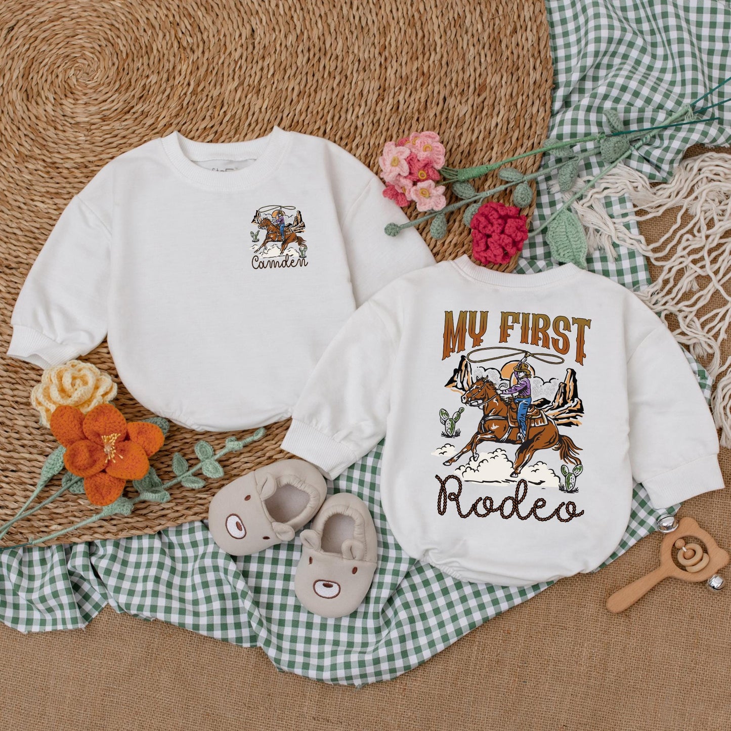 Personalized My First Rodeo Romper Western Cowboy Outfit 1st Birthday Baby Boy Clothes
