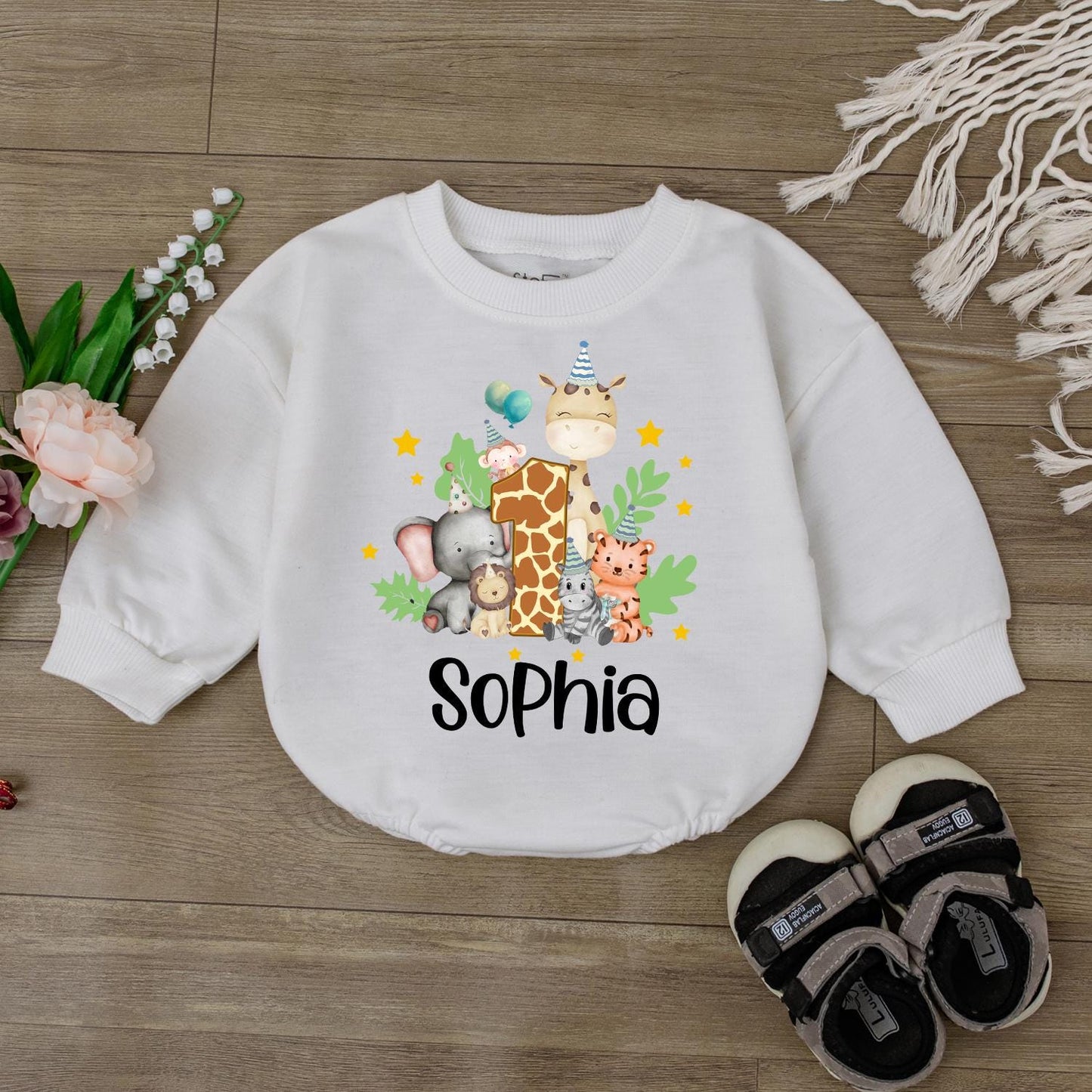 Zoo Birthday Bubble Romper Custom Safari Outfit Baby Newborn Personalized Name Cute Bodysuit Baby Shower Gift