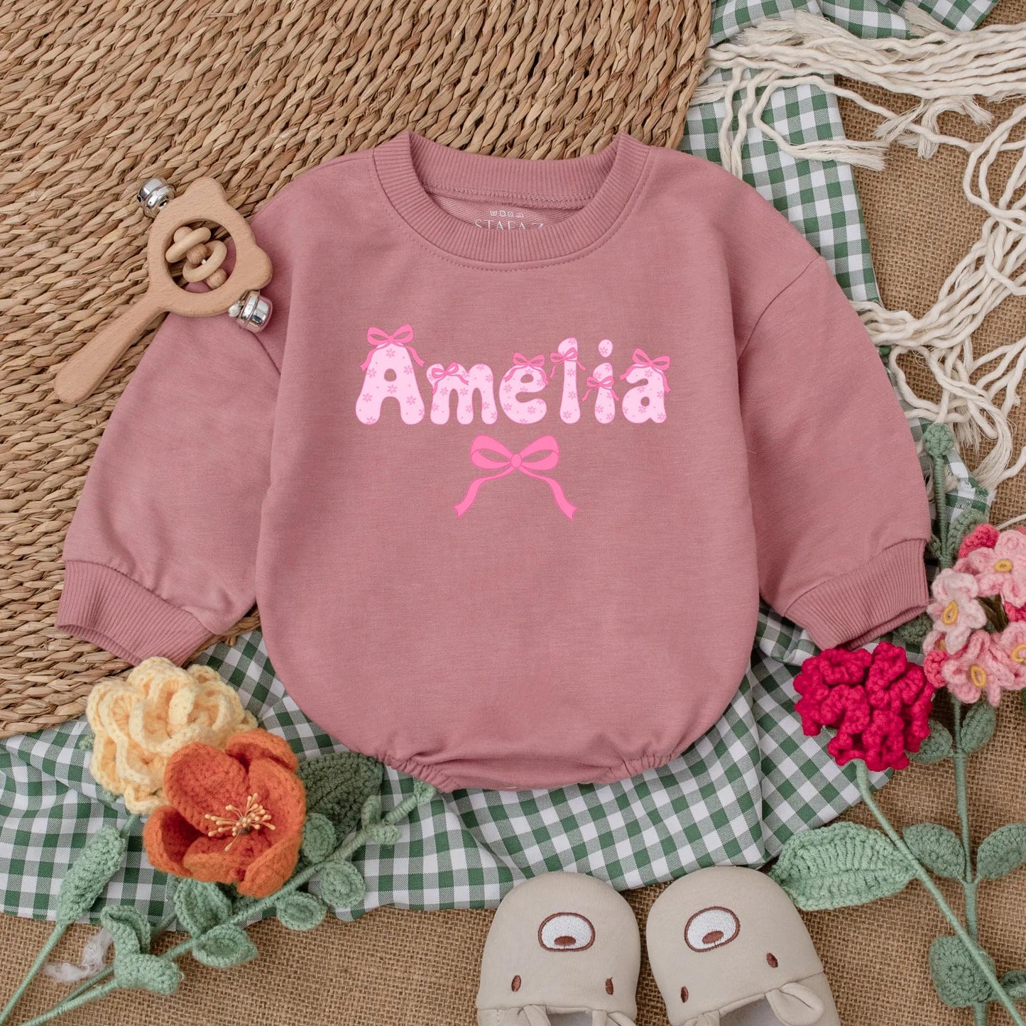 Personalized Name Pink Bow Baby Girl Romper Cute Long Sleeve Bubble Outfit Toddler Birthday Baby Shower Gift