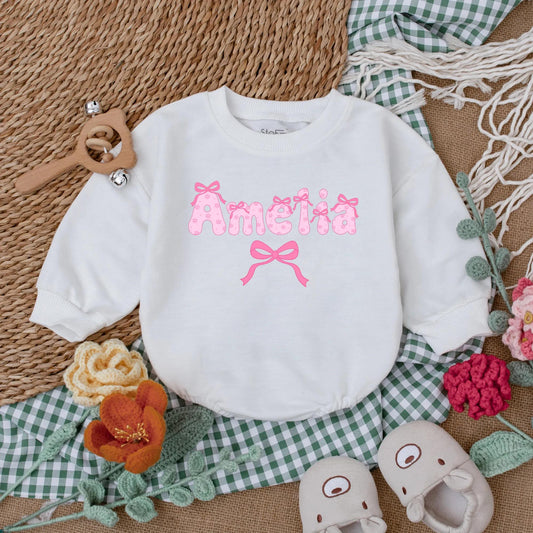 Personalized Name Pink Bow Baby Girl Romper Cute Long Sleeve Bubble Outfit Toddler Birthday Baby Shower Gift