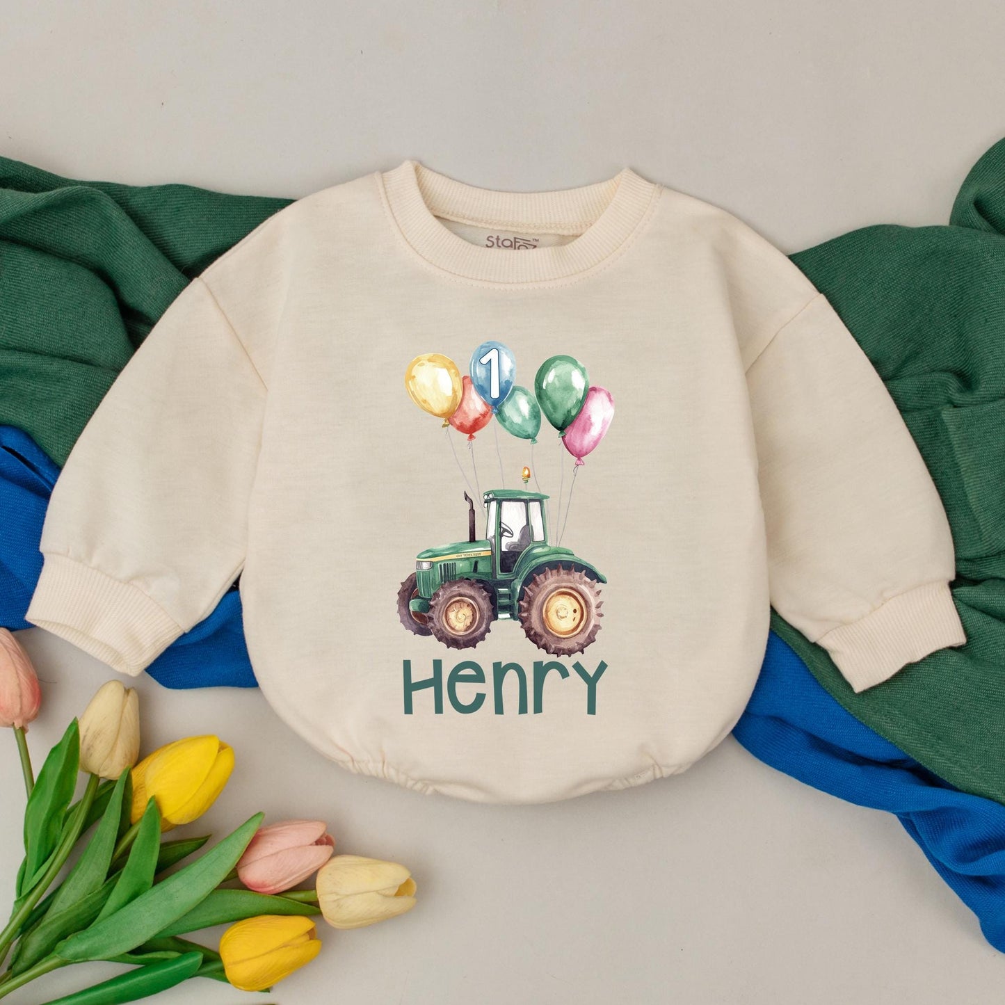 Personalized Tractor First Birthday Bubble Romper Outfit for Baby Boy 1st Birthday Party Celebration Gift Baby Shower