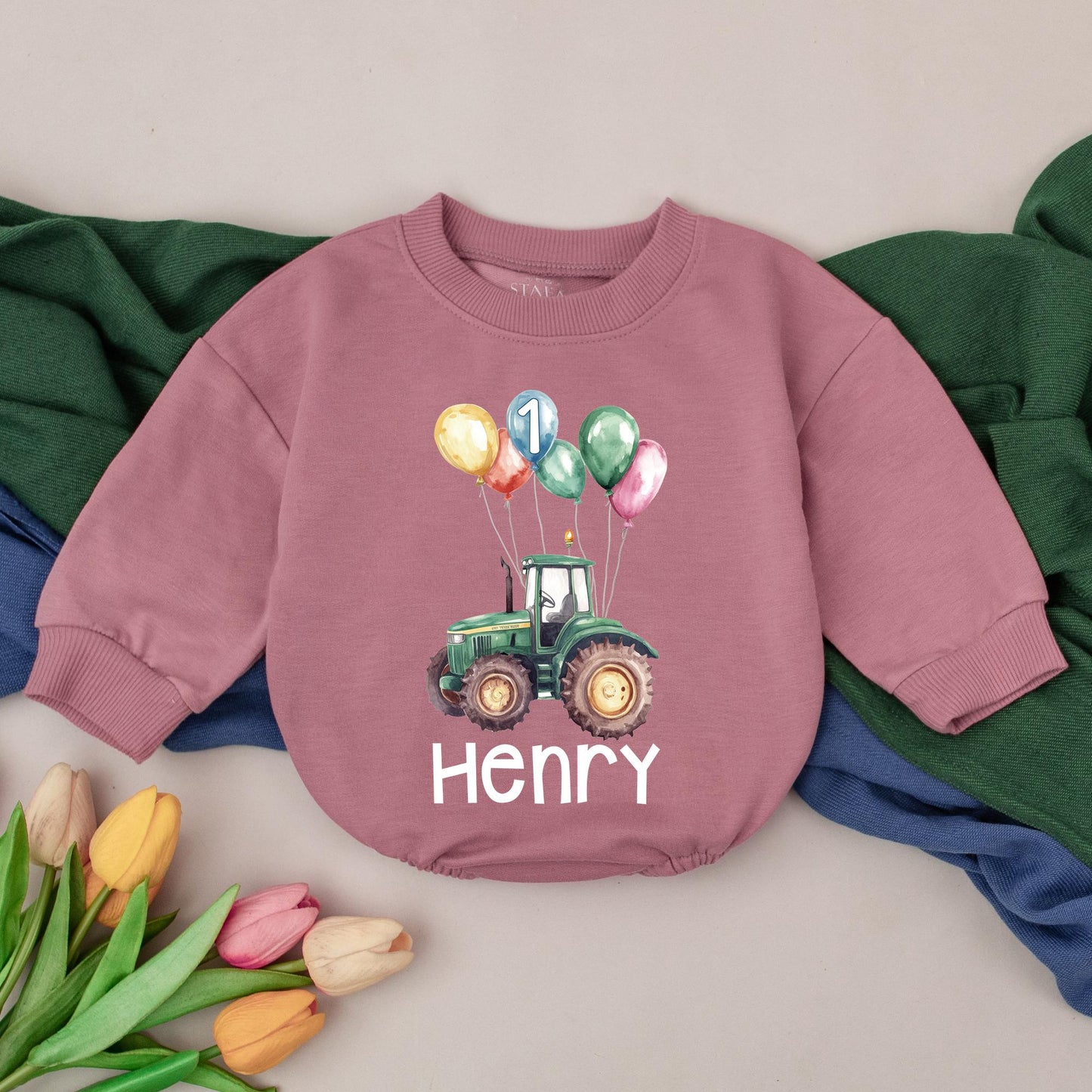 Personalized Tractor First Birthday Bubble Romper Outfit for Baby Boy 1st Birthday Party Celebration Gift Baby Shower